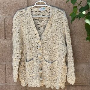 EUC Handmade Irish Vintage Open Knit Crochet Cardigan Sweater Medium Chunky Cozy